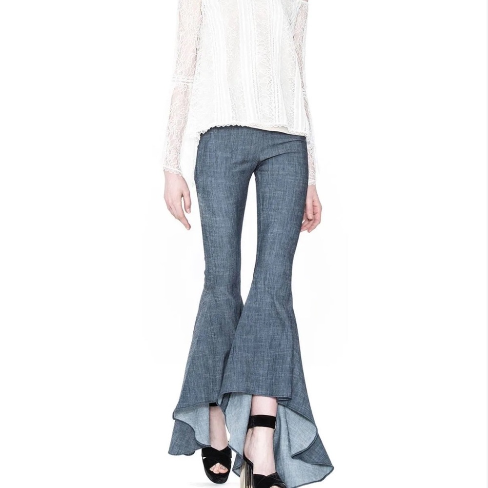 ALICE + OLIVIA 6 JINNY Chambray Blue High-Low Pants Flare Leg Boho Hippie Chic - Picture 3 of 14